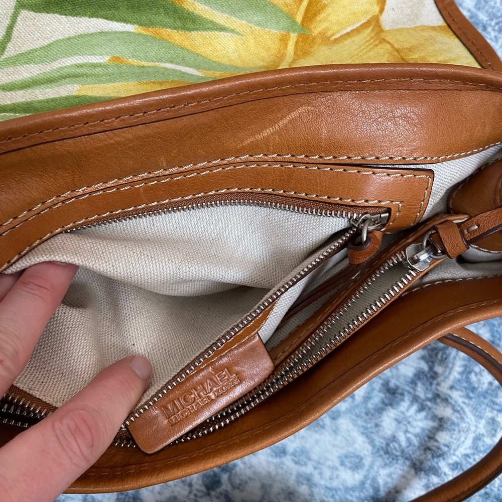 Michael Kors Tropical Leaf Canvas Bag with Leather Trim and Snap Closure - Picture 14 of 15